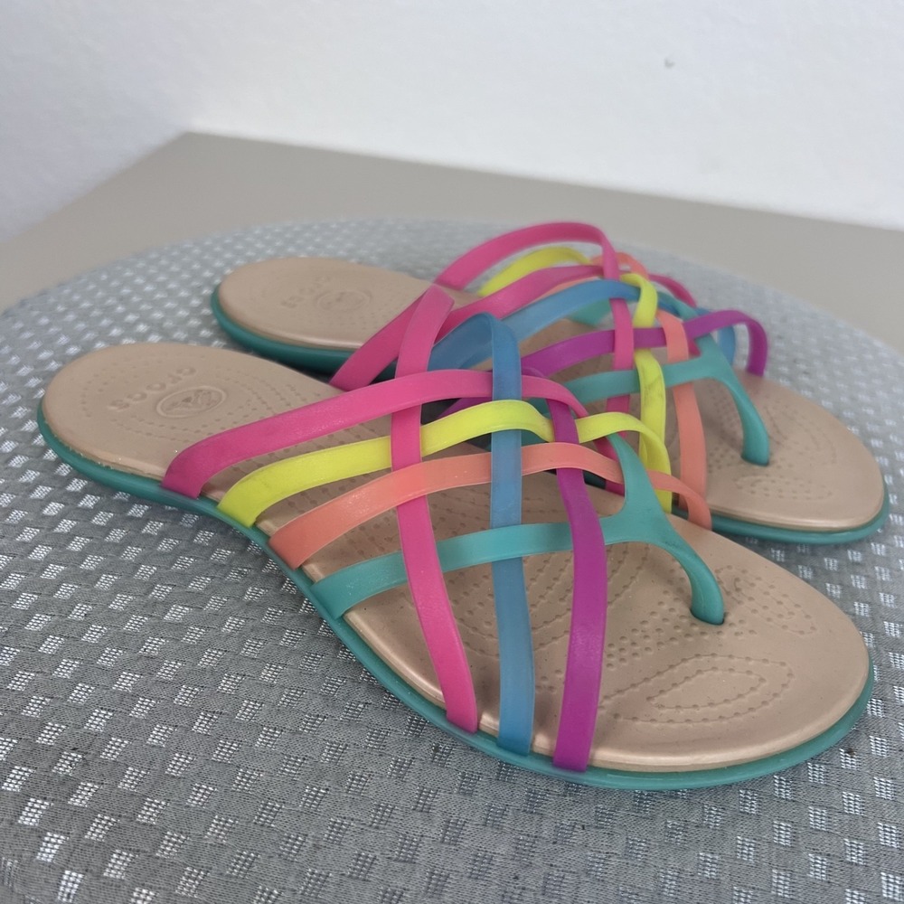 Crocs Huarache Flip Flop Sandals Womens 6 Rainbow Comfort Slide Shoes Beach